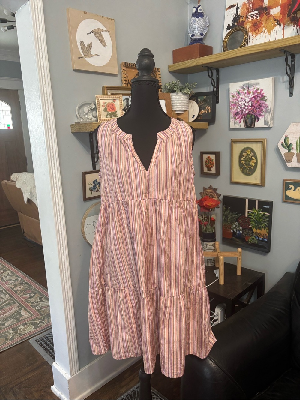 Natural Life pink purple striped cotton tiered sleeveless mini dress boho size S